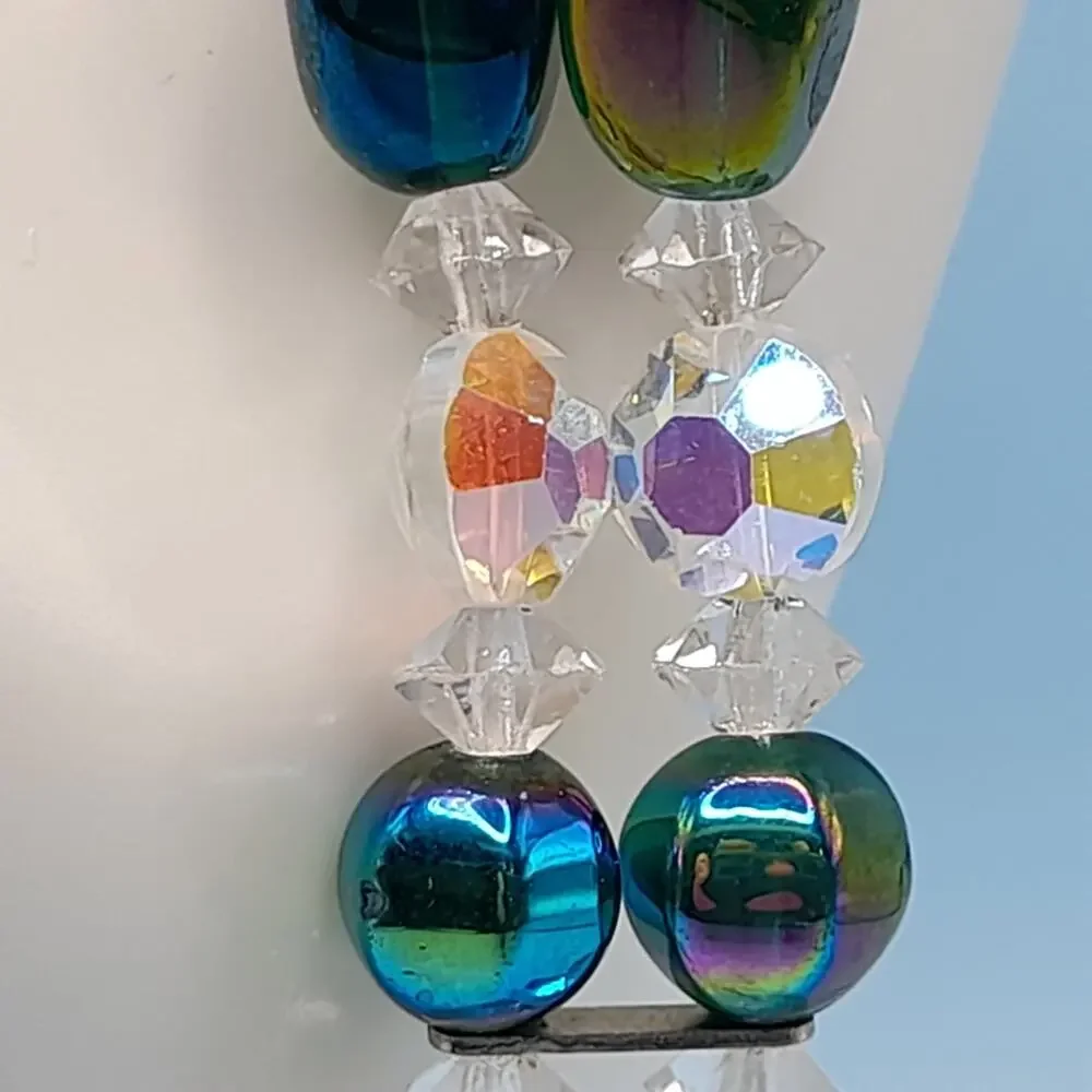 Vintage 1960s AB Crystal Beaded Bracelet, Double Strand, Iridescent Austrian, 7